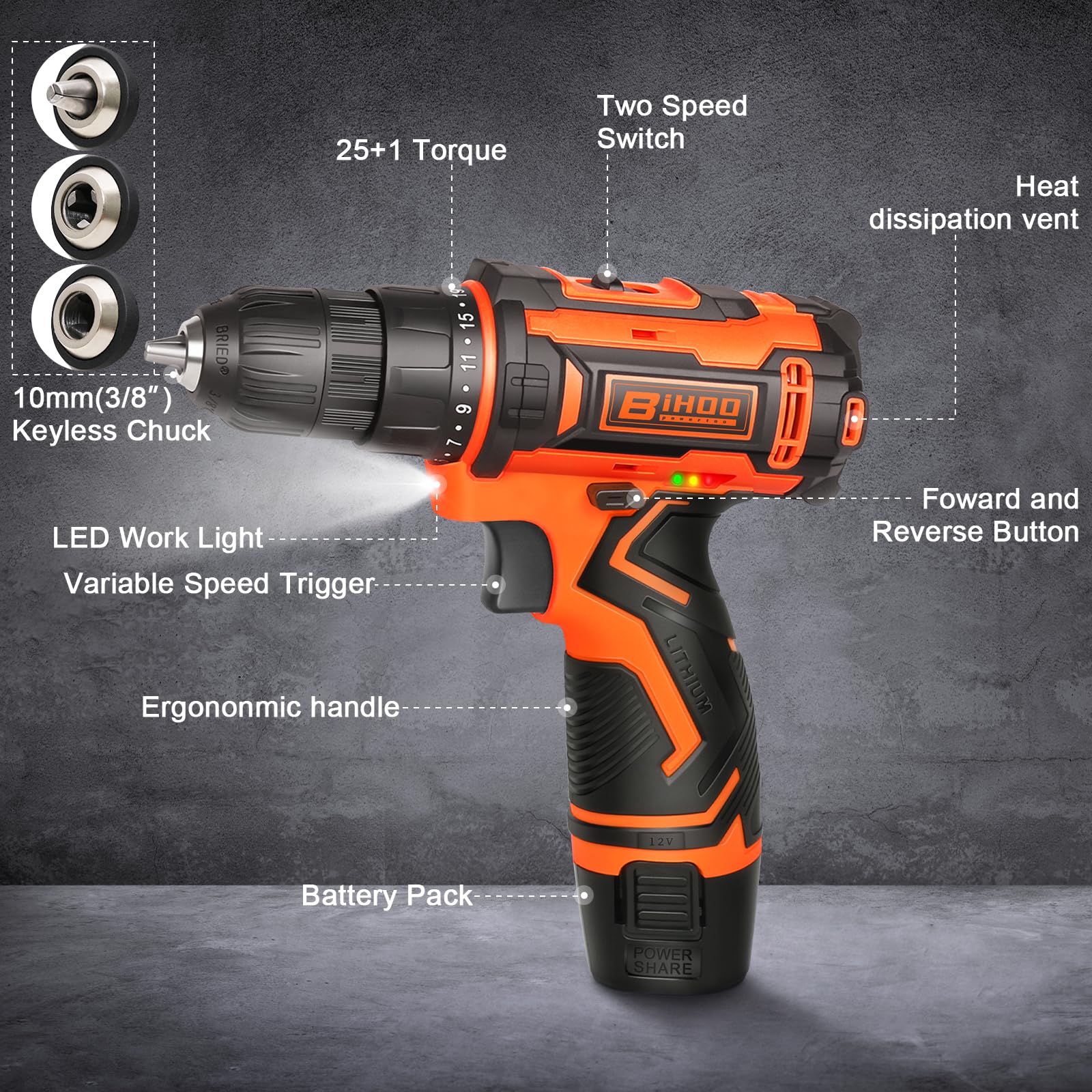 12v Drill Driver Set,Cordless Drill with Battery and Charger,LED Tools Kit,25+1 Torque Setting and 43pcs Bits