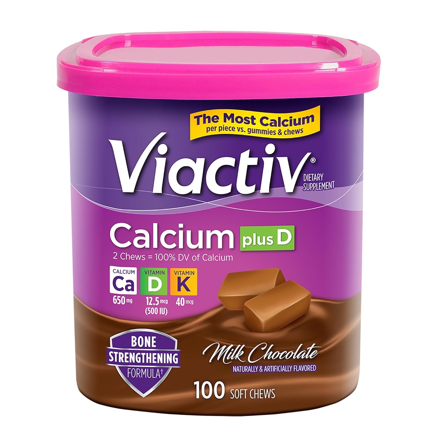 Viactiv Calcium +Vitamin D3 Supplement Soft Chews, Milk Chocolate, 100 Chews