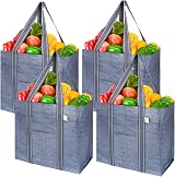 VENO 4 Pack Reusable Grocery Bags with Hard Bottom Front Pocket Gray