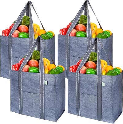 VENO 4 Pack Reusable Grocery Bags with Hard Bottom Front Pocket Gray