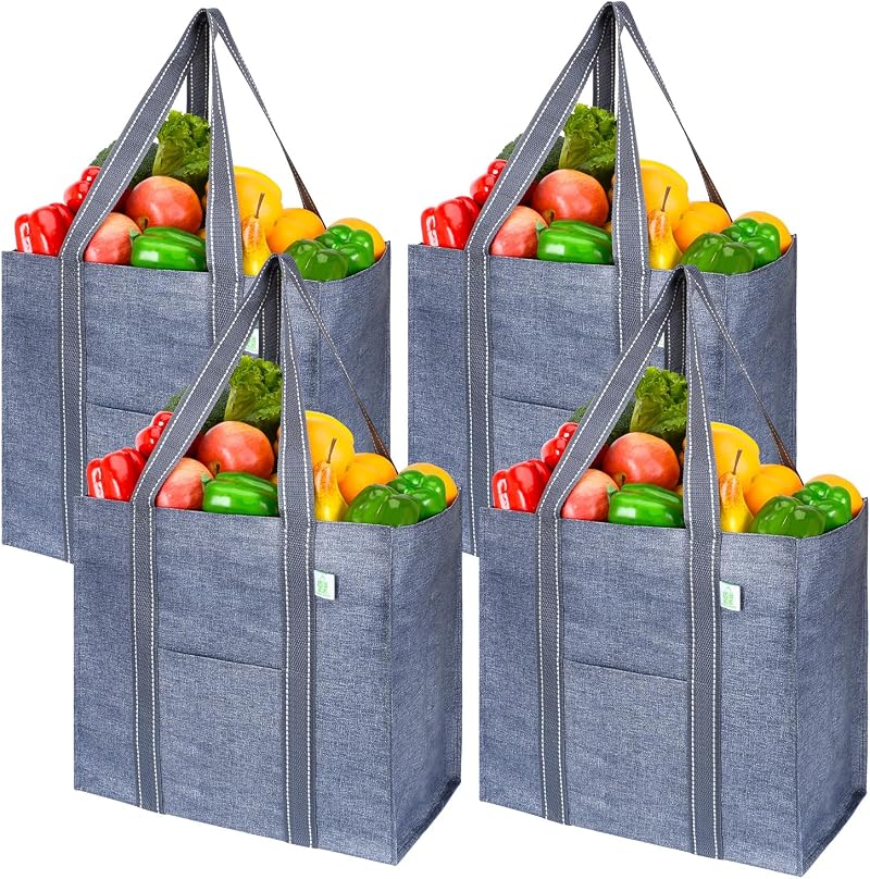 VENO 4 Pack Reusable Grocery Bags with Hard Bottom Front Pocket Gray
