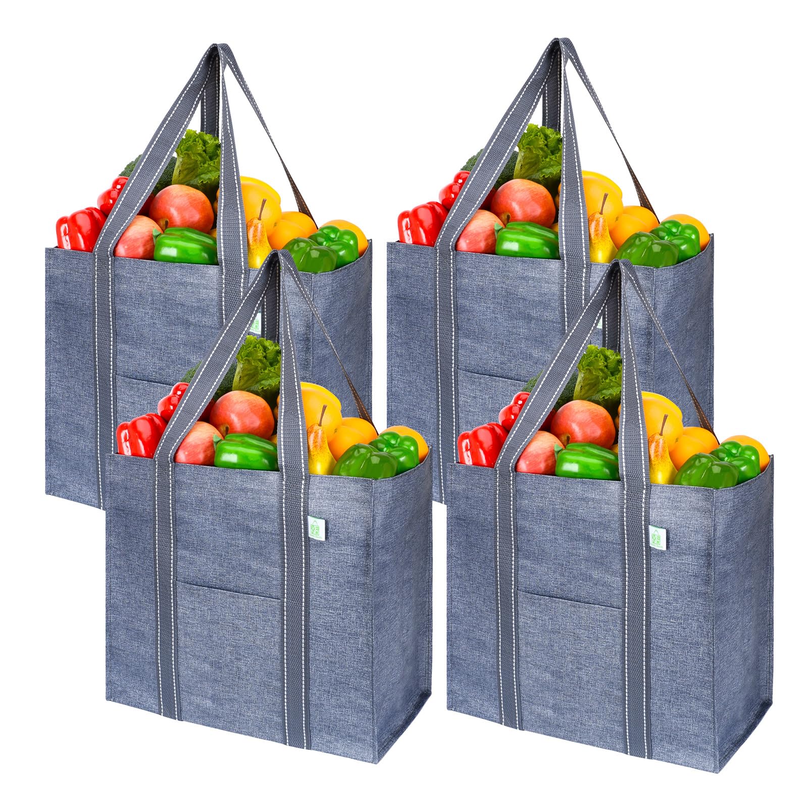 VENO 4 Pack Reusable Grocery Shopping Bag w/Hard Bottom, Front Pocket, Multi-Purpose Heavy Duty Tote, Utility Shopper Bag, Beach Bag, Stands Upright, Water-Resistant, Sustainable (Gray, 4 Pack) — image 1