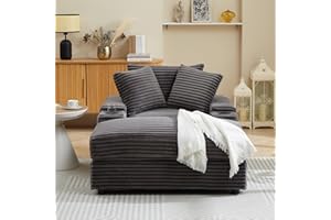 EXZLFA Oversized Chaise Longue Indoor，Comfy Thicked Upholstered Pad Lounge Chair with Ottoman，Soild Wood Sleeper Reclining Chair ，Corduroy Deep Seat Couch for Living Room（Grey 1Seat with Cup Holders）