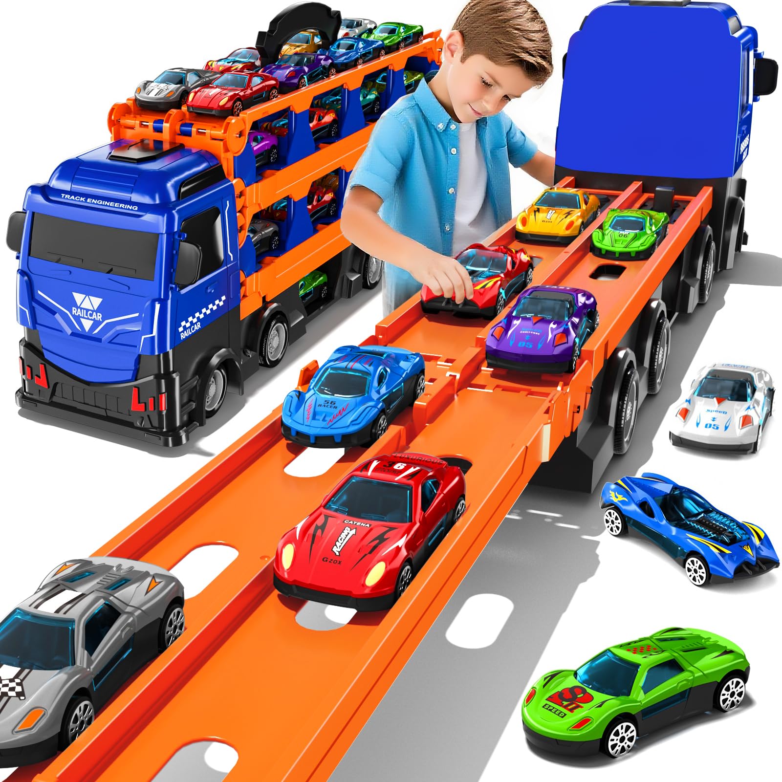 BLmukce Car Truck Toys for Kids 3 4 5 6 9 Years Old, 78-Inch Race Track Transport Vehicle, STEM Educational Playset with 12 Die-cast cars, Toddler Creative Building Toys Gift for Boys Girls (Blue)