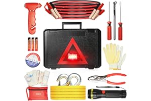 CAWWRT Car Emergency Kit, Roadside Emergency Car Kit with Warning Light Reflective Triangle, Jumper Cable, Tow Strap, Flashli