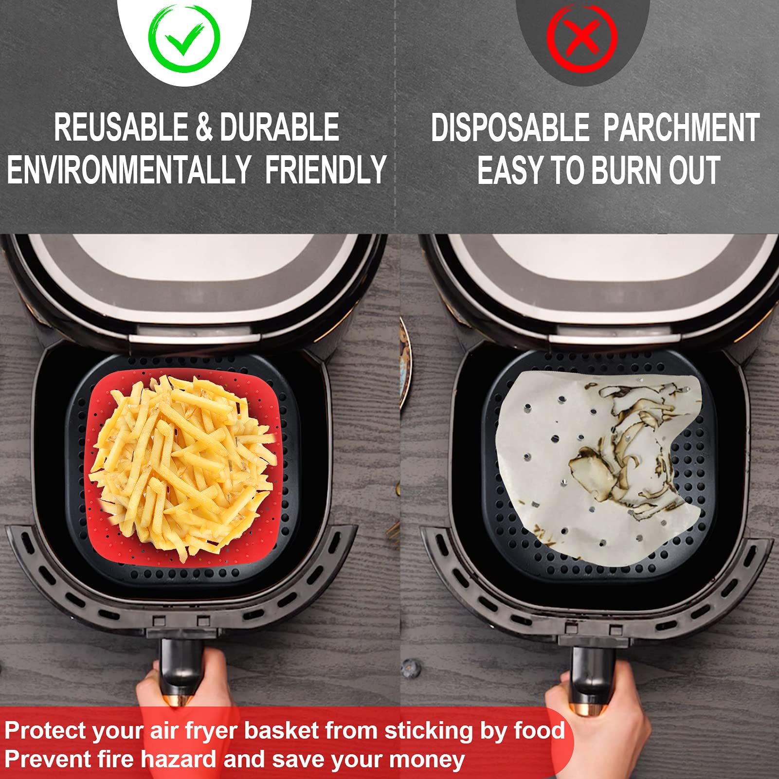 Upgrade Reusable Air Fryer Liners with Raised Silicone | Patented Product | BPA Free Non-Stick Silicone Air Fryer Mats | Air Fryer Silicone Tray Accessories | 2 Size Options – 9 Inch Square