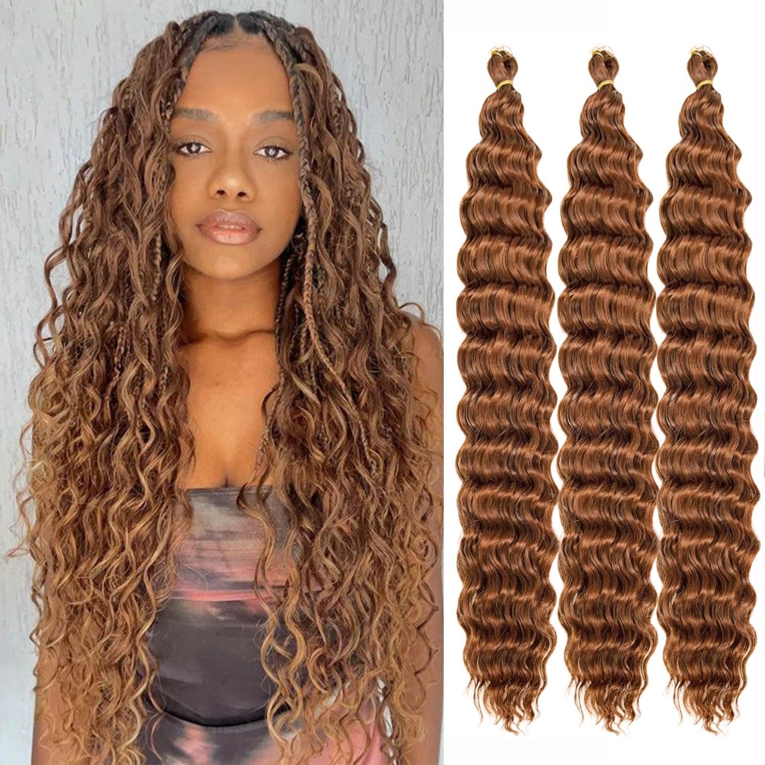 Ocean Wave Crochet Hair 3Packs Deep Wave Braiding Hair Curl Crochet Braiding Hair Extension Ocean Wave Braids Hair for women (30#, 24Inch) — image 1