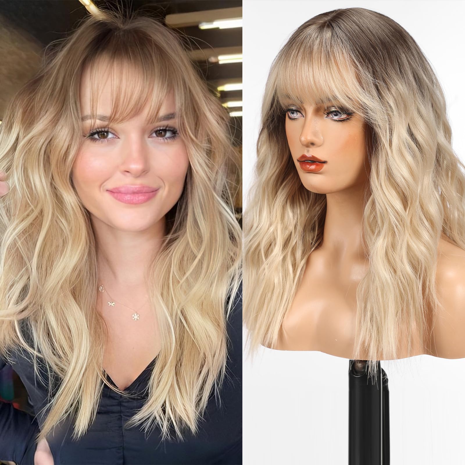 WOKESTAR Long Wig with Fringe Synthetic Wavy Wigs for Women Blonde Color — image 1