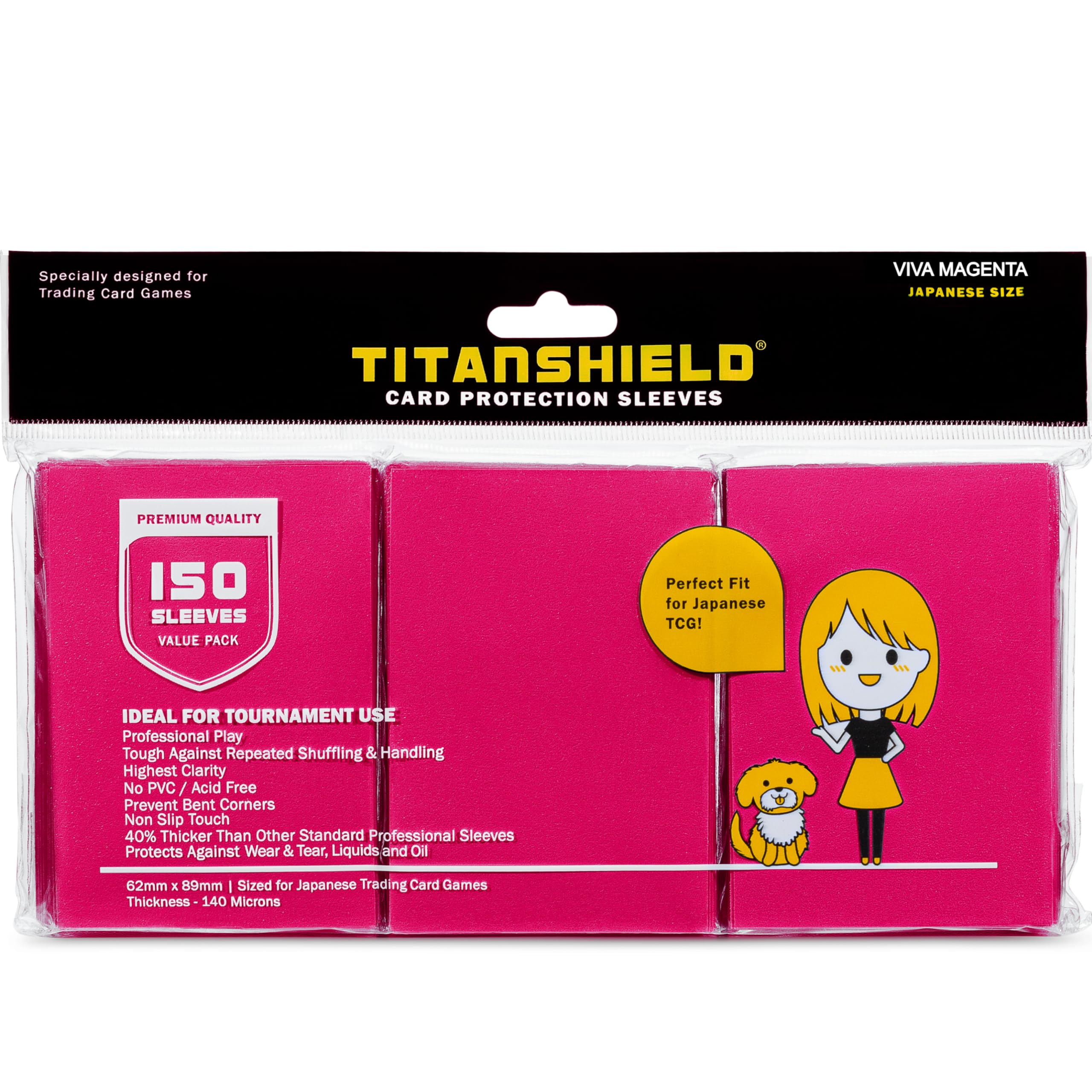 TitanShield 150 Viva Magenta Small Japanese Sized Trading Card Sleeves Deck Protector for Yu-Gi-Oh, Cardfight!! Vanguard & More
