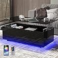 Led Coffee Tables for Living Room - High Gloss Table with Led Lights, 20 Colors Controlled by Remote or App, 47'' Lift Top Coffee Table with Storage Hidden Compartment, Black