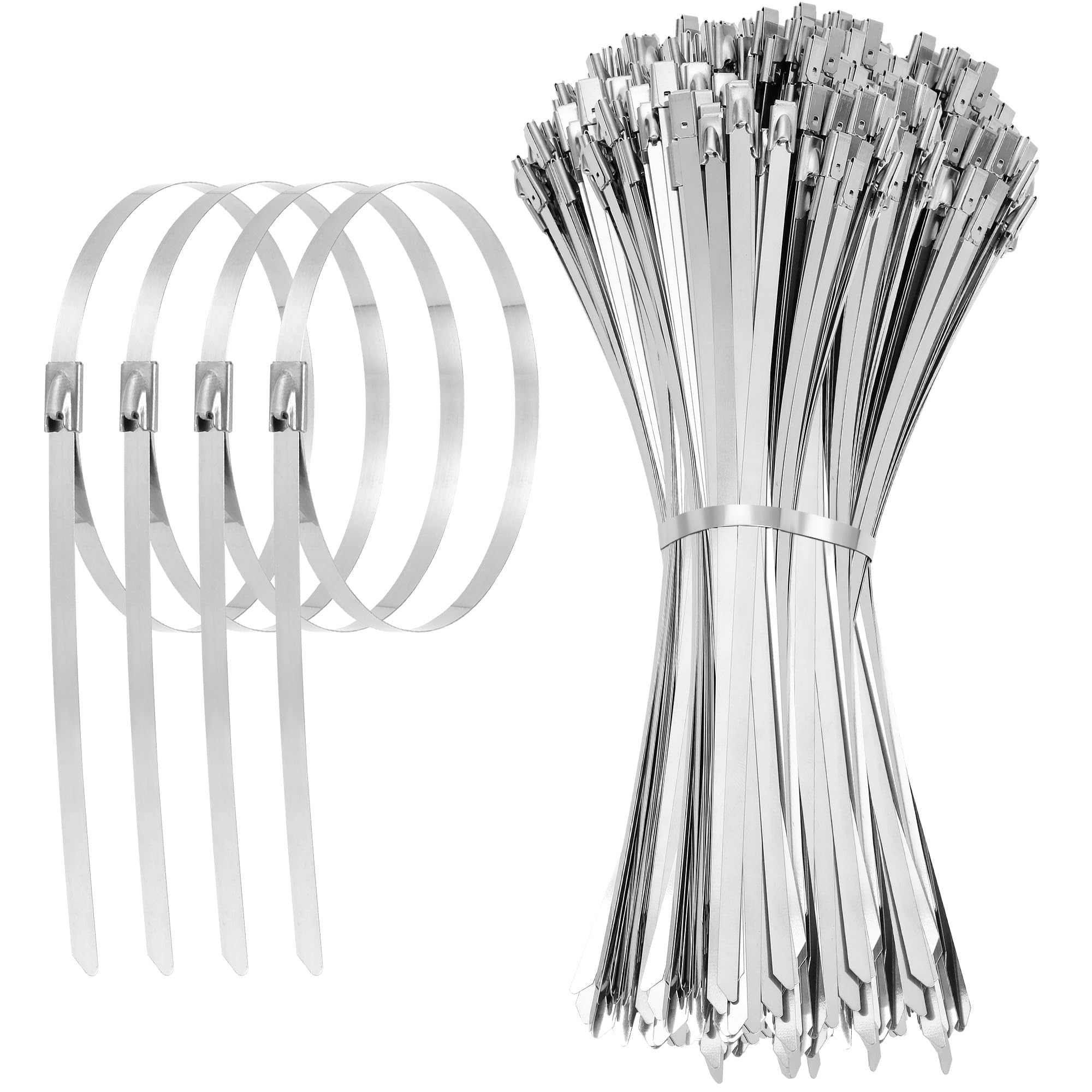 REKCKRUL 11.8 Inch 100 Pcs 304 Stainless Steel Metal Zip Ties – Heavy Duty Outdoor Cable Ties with Self-Locking Design for Machinery, Vehicles, Farms, Pipes, Roofs, Cables