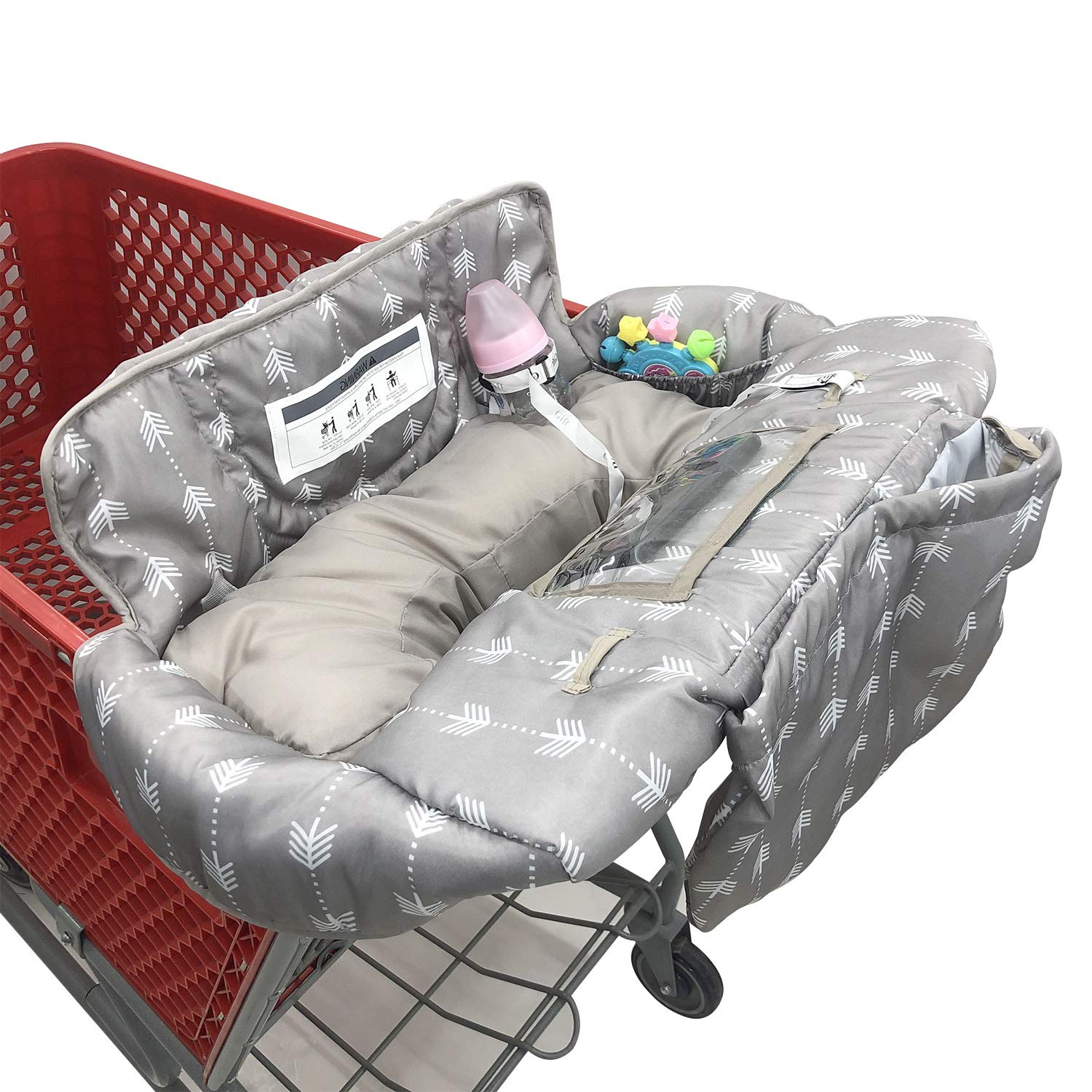 Soft Pillow Attached Waterproof 2-in-1 Baby Grocery Cart Seat Cover and High Chair Cover - Grey Arrow