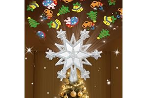 TUFMUNB Christmas Star Tree Topper Lighted with 6 Projection Modes, 12-Pointed Star Christmas Tree Topper with Built-in LED Rotating Lights, Silver Christmas Tree Ornament for Xmas Holiday Decorations