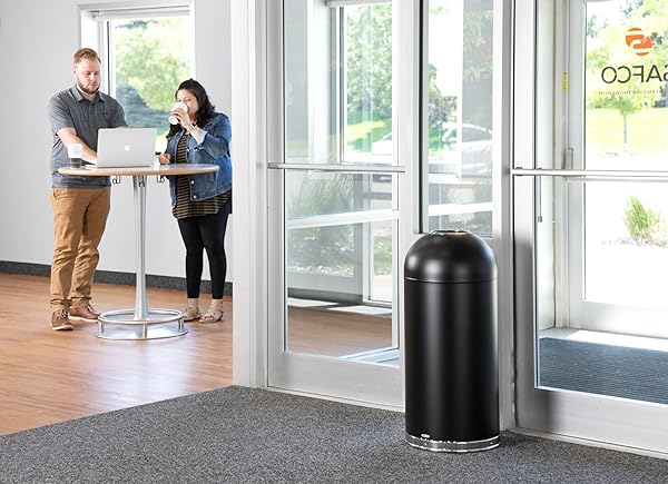 SAFCO OPEN TOP DOME TRASH CAN, 15 GALLON STAINLESS STEEL GARBAGE CAN FOR INDOOR USE, HANDS FREE, BLACK