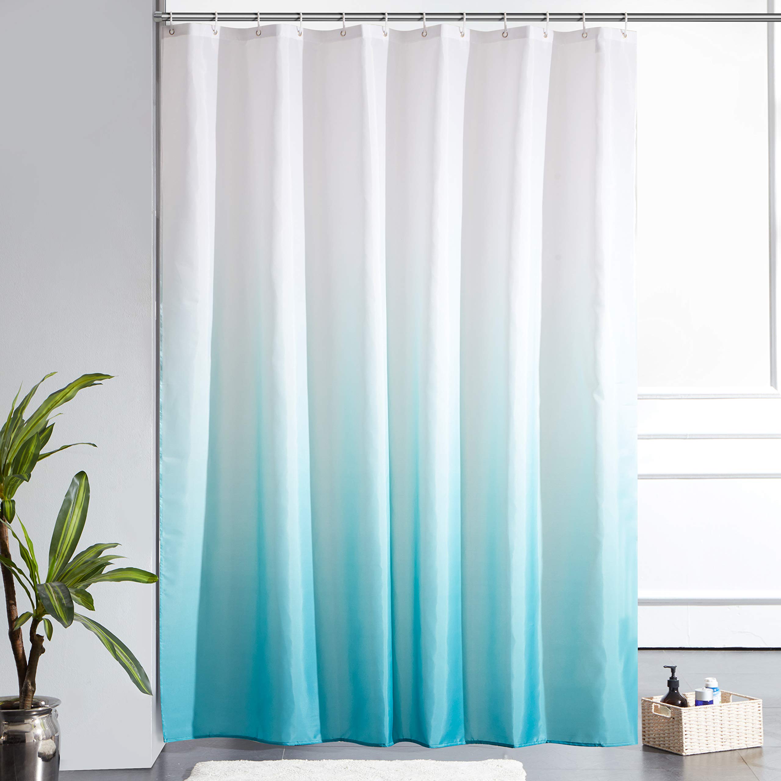 Furlinic Shower Curtain Mould Proof Polyester Fabric Wetroom Bath Curtains Waterproof Machine Washable with 12 Hooks for Bathroom White to Turquoise 72x78 Inch(180x200cm).