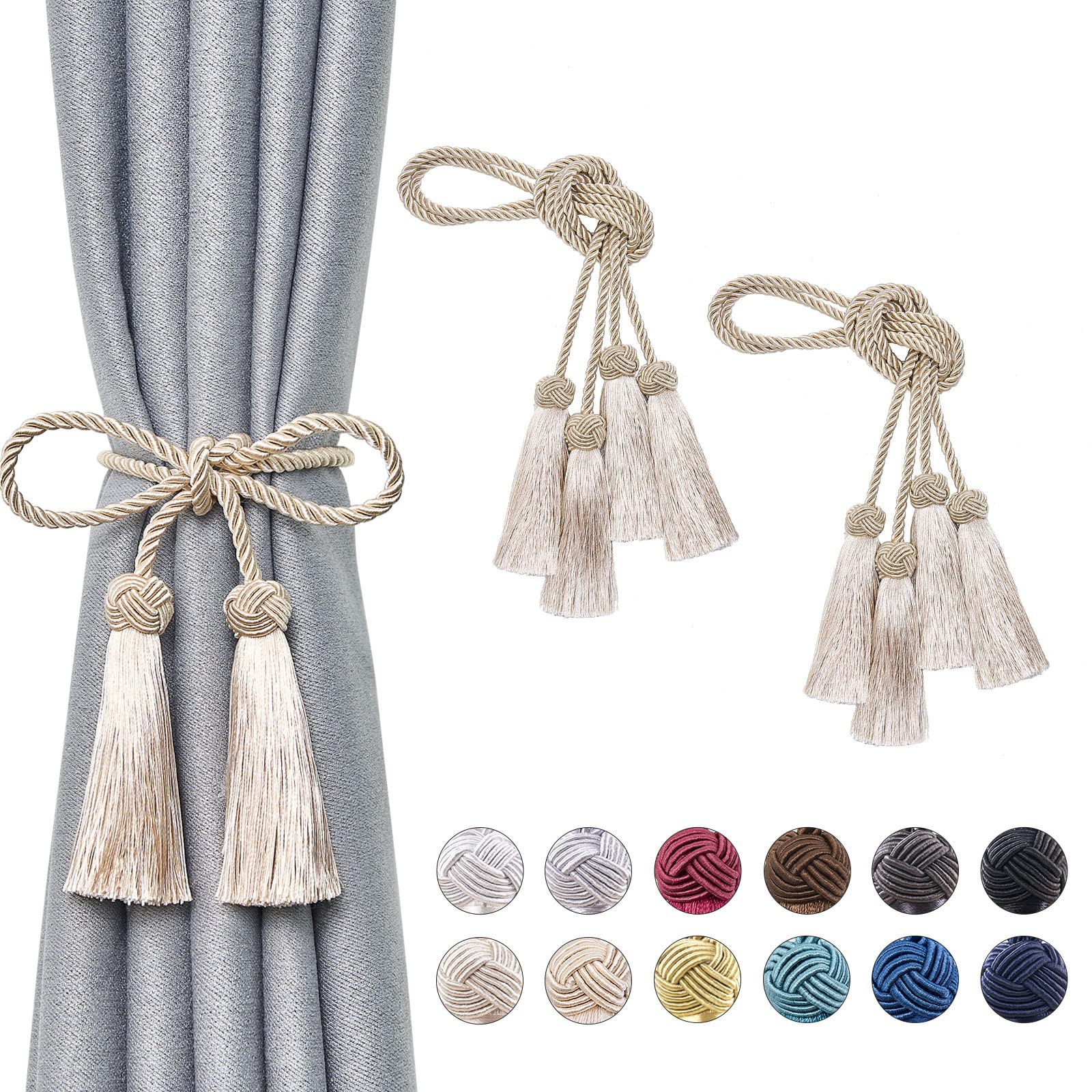 Pretty Jolly 4 Pack Double-ended Tassel Curtain Tiebacks Handmade Braided Rope Knot Drape Tie Backs European Style Decorative Curtain Holdbacks for Home & Office Window Drapery (Dark Beige)