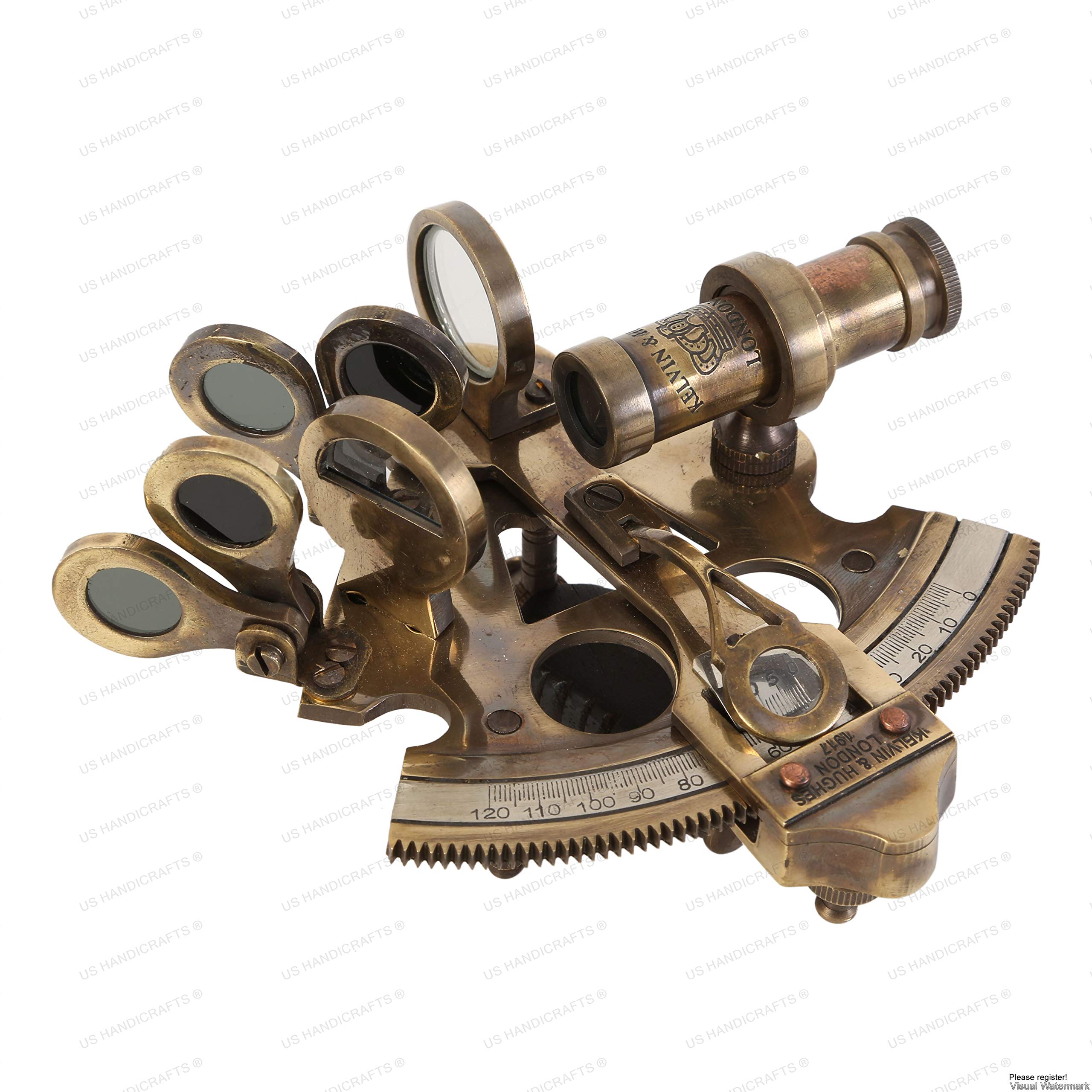 US HANDICRAFTS Antique Style Solid Brass Ship Sextant with Leather Box.