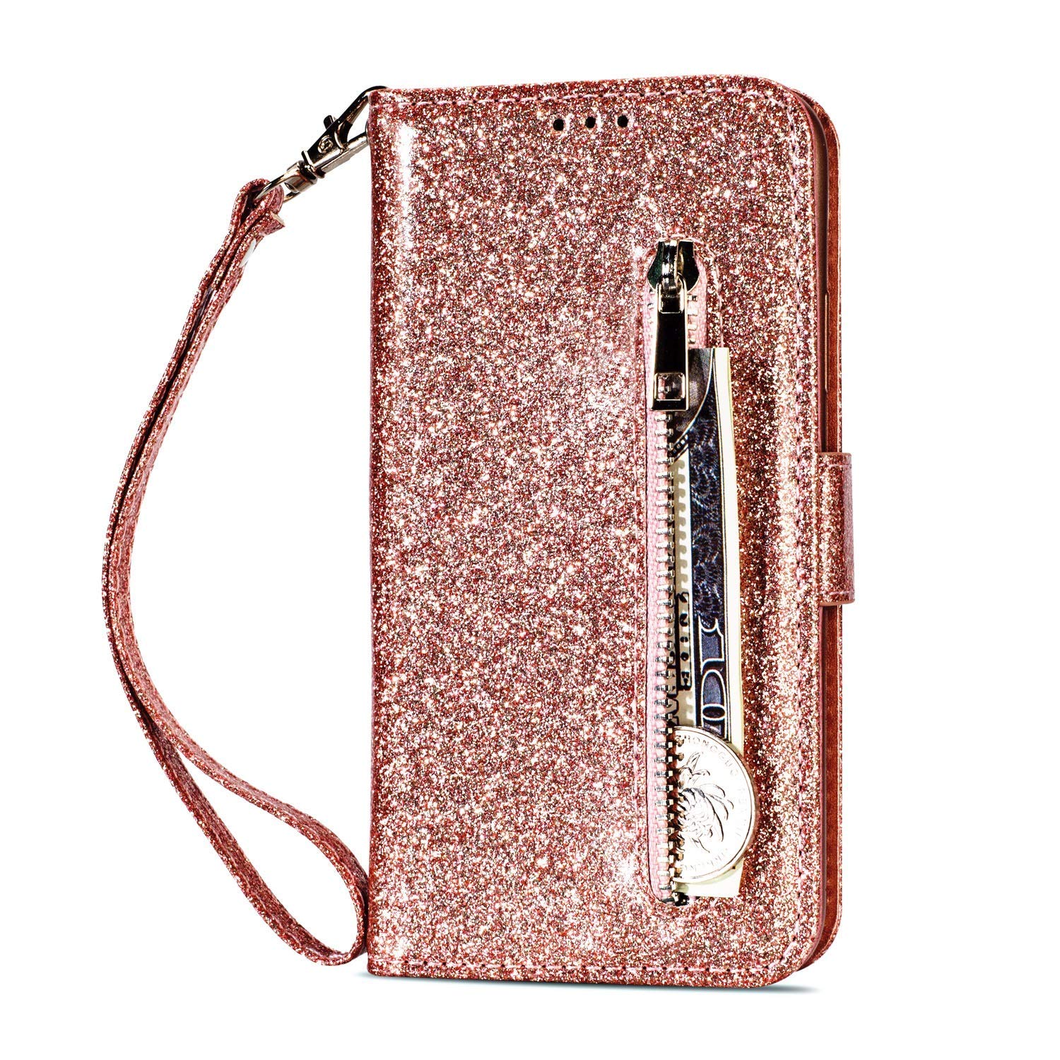 iPhone 12 Case, iPhone 12 Pro Case Flip Wallet Glitter Cover for Women Girls, Anti-Scratch Sparkle Zipper Pocket PU Leather Case with Kickstand Card Holder Case Cover for iPhone 12/ Pro, Rose Gold