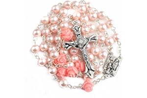 Nazareth Store Catholic Pink Pearl Beads Rosary Necklace Our Rose Flowers, Lourdes Medal & Cross NS