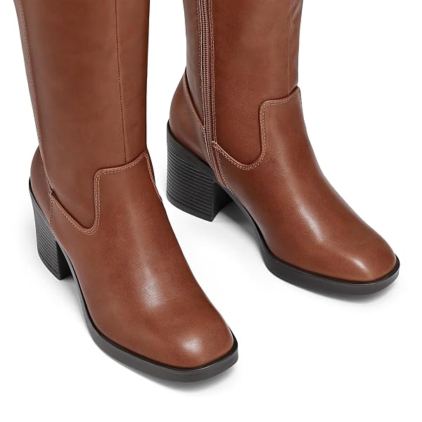 MYSOFT WOMEN’S KNEE HIGH BOOTS SQUARE TOE CHUNKY BLOCK STACKED HEEL TALL BOOTS WITH SIDE ZIPPER