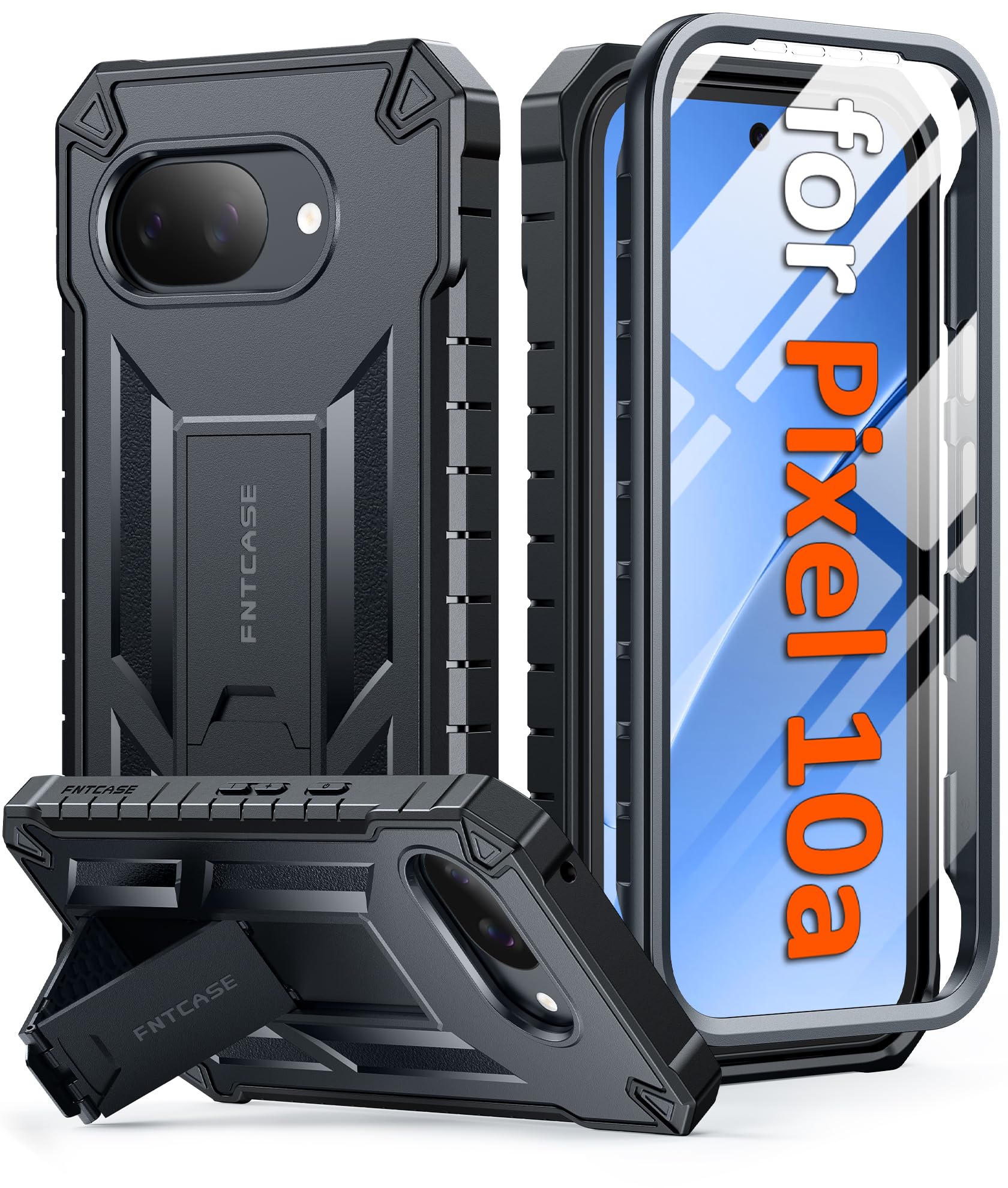 FNTCASE for Google Pixel 10A Case: with [Built-in Screen Protector & Kickstand] [Military-Grade Drop Protection] Heavy Duty Protective Full Body Shockproof TPU Phone Cover Black