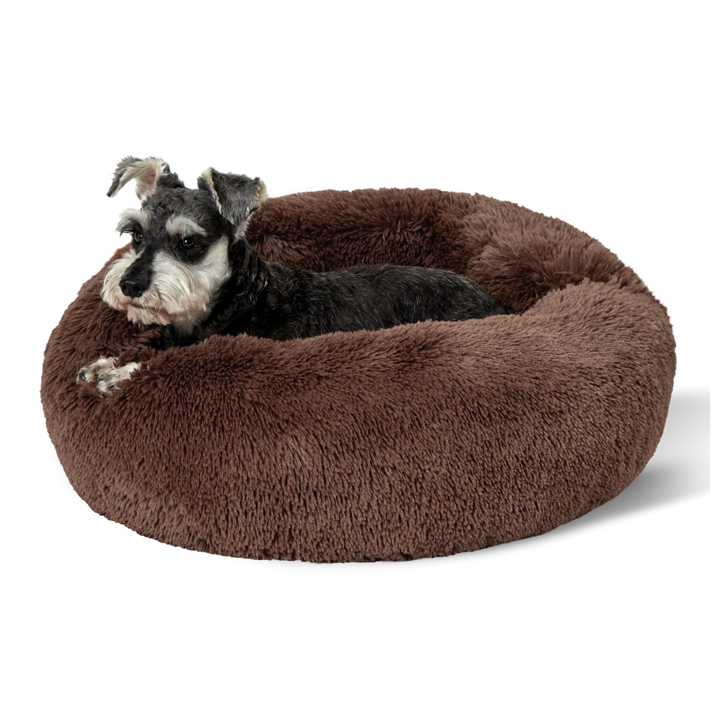 Photo 1 of Bedsure Calming Dog Bed for Small Medium Dogs - Donut Washable Medium Pet Bed, 27 inches Anti-Slip Round Fluffy Plush Faux Fur Cat Bed, Coffee