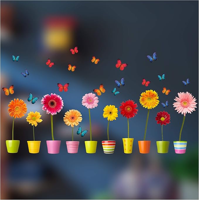 Flower Pots Window Stickers 10 Individual Colourful Flowers in Pots