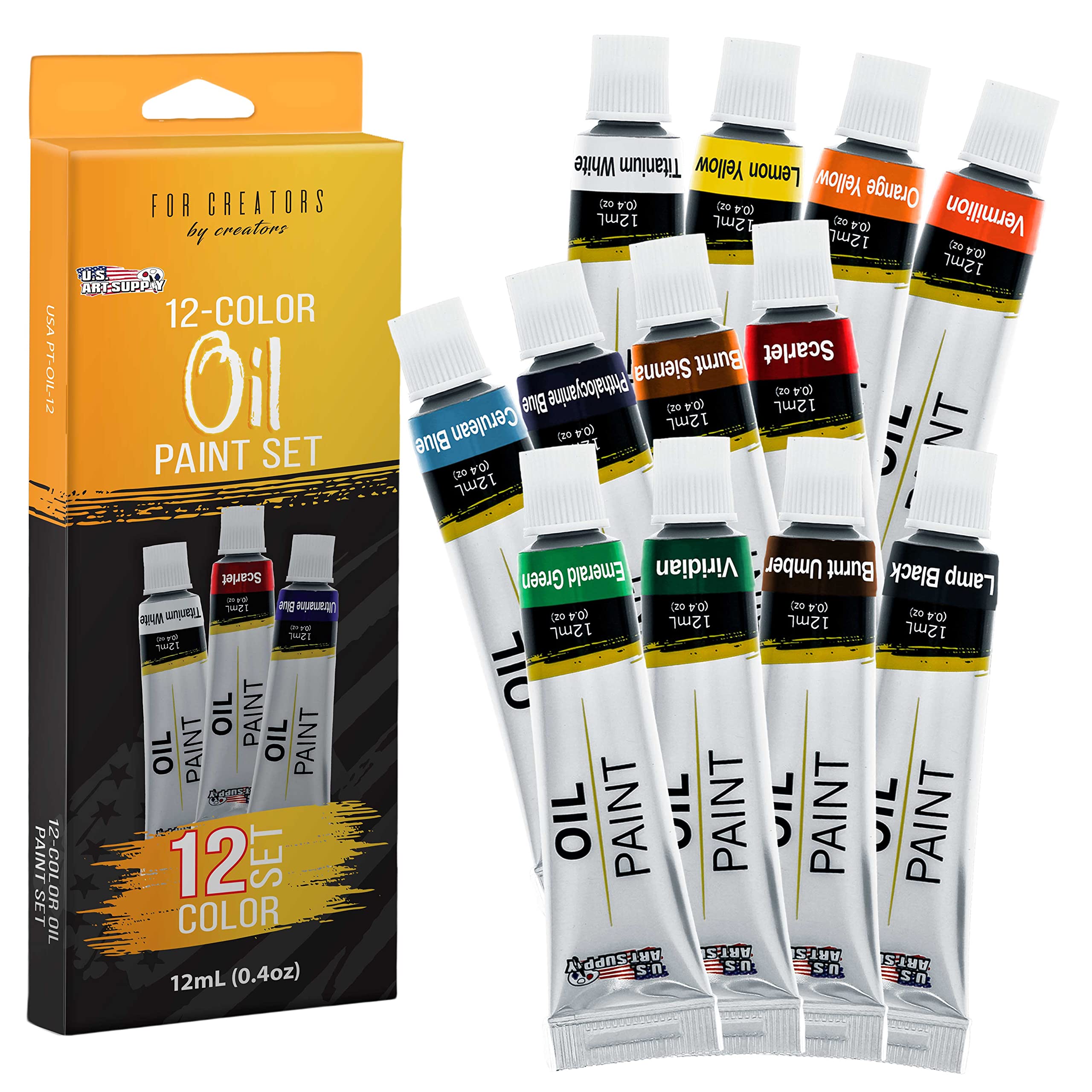U.S. Art Supply 12 Color Oil Paint Set – 12ML Tubes With Vibrant Colors for Artists of All Levels – Blendable, Long-Lasting Paints With Smooth Consistency for Canvas, Wood, and Other Art Surfaces