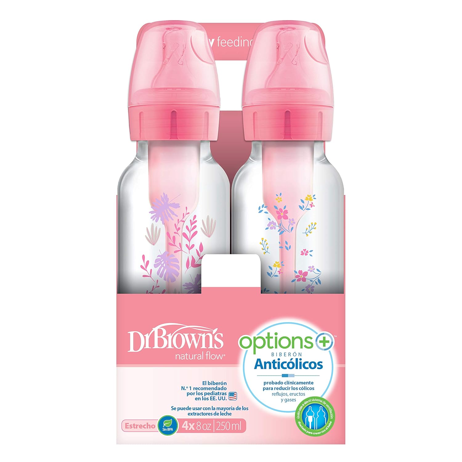 Dr. Brown's Options+ Baby Bottles, 8 oz/250ml, Narrow Bottle, Pink Floral Designs, 4 Pack : Baby