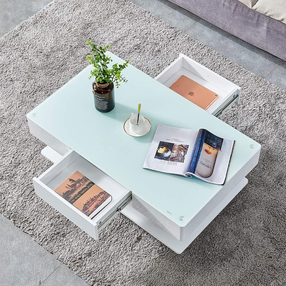 HomeSailing EU High Gloss Coffee Table White Living Room Large Coffee Table with Hidden Storage Drawers White Wood End Table for Reception Room
