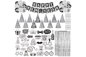 YVAINE 73pcs Black Silver New Years Eve Party supplies Including New Years Hats Happy New Year banner Photo Props Fringe Curtain Backdrop Noisemaker Balloons for New Year's Eve Party NYE Decorations 2026