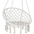 SUPER DEAL Macrame Hanging Chair Swing Chair with Tassels Cotton Rope Mesh Hammock Chair Max 330 Lbs, Perfect Bohemian Style Decor and Relaxation Choice for Indoor Outdoor Home, Garden, Patio, Yard