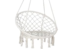 SUPER DEAL Macrame Hanging Chair Swing Chair with Tassels Cotton Rope Mesh Hammock Chair Max 330 Lbs, Perfect Bohemian Style Decor and Relaxation Choice for Indoor Outdoor Home, Garden, Patio, Yard