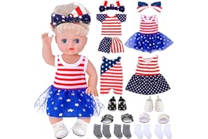 Leitee 14 Pcs 4th of July 18 Inch Doll Accessories Include Stars and Stripes Dress, Doll Headwear, Doll Socks and Shoes Patriotic 18 Inch American Doll Clothes for Doll Costume, Dolls Not Included