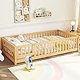 Twin Floor Bed with Slats and Door, Twin Size Montessori Floor Bed with Fence, No Box Spring Needed, Easy Assemble Natural