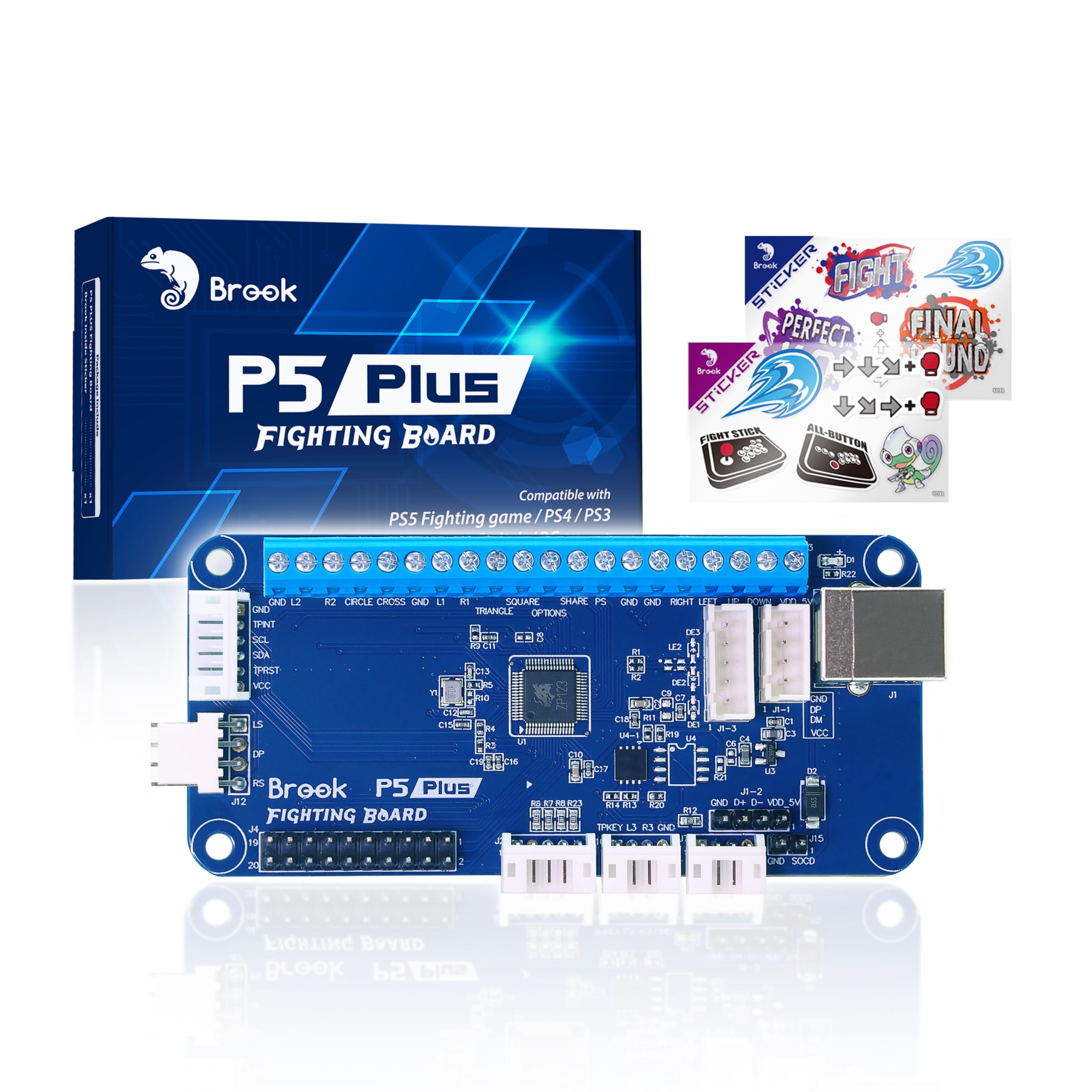 Brook P5 Plus Fighting Board with Sticker – Pre-Installed Header Version, Ultra-Low Latency PCB for PS5 Fighting Games, PS4, PS3, Switch & PC (X-Input), SOCD Cleaner, Turbo, Auto-Detect Console