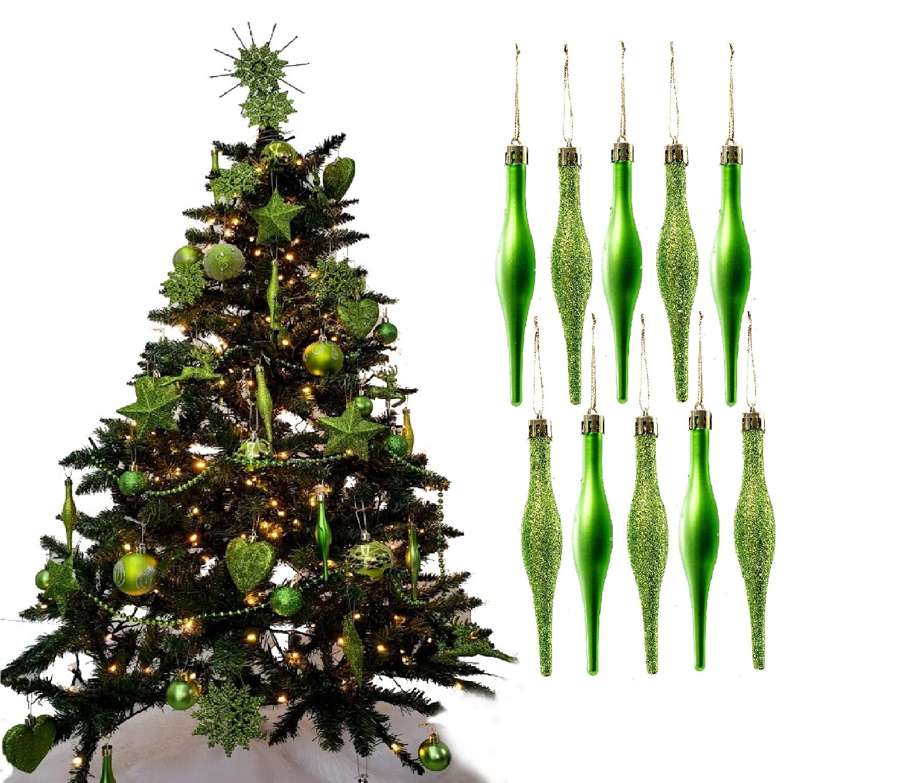 Simply Products 10 Droplet Baubles - Great Christmas Tree Decoration, Matte & Glitter Icicle Baubles (Lime Glitter & Matte)