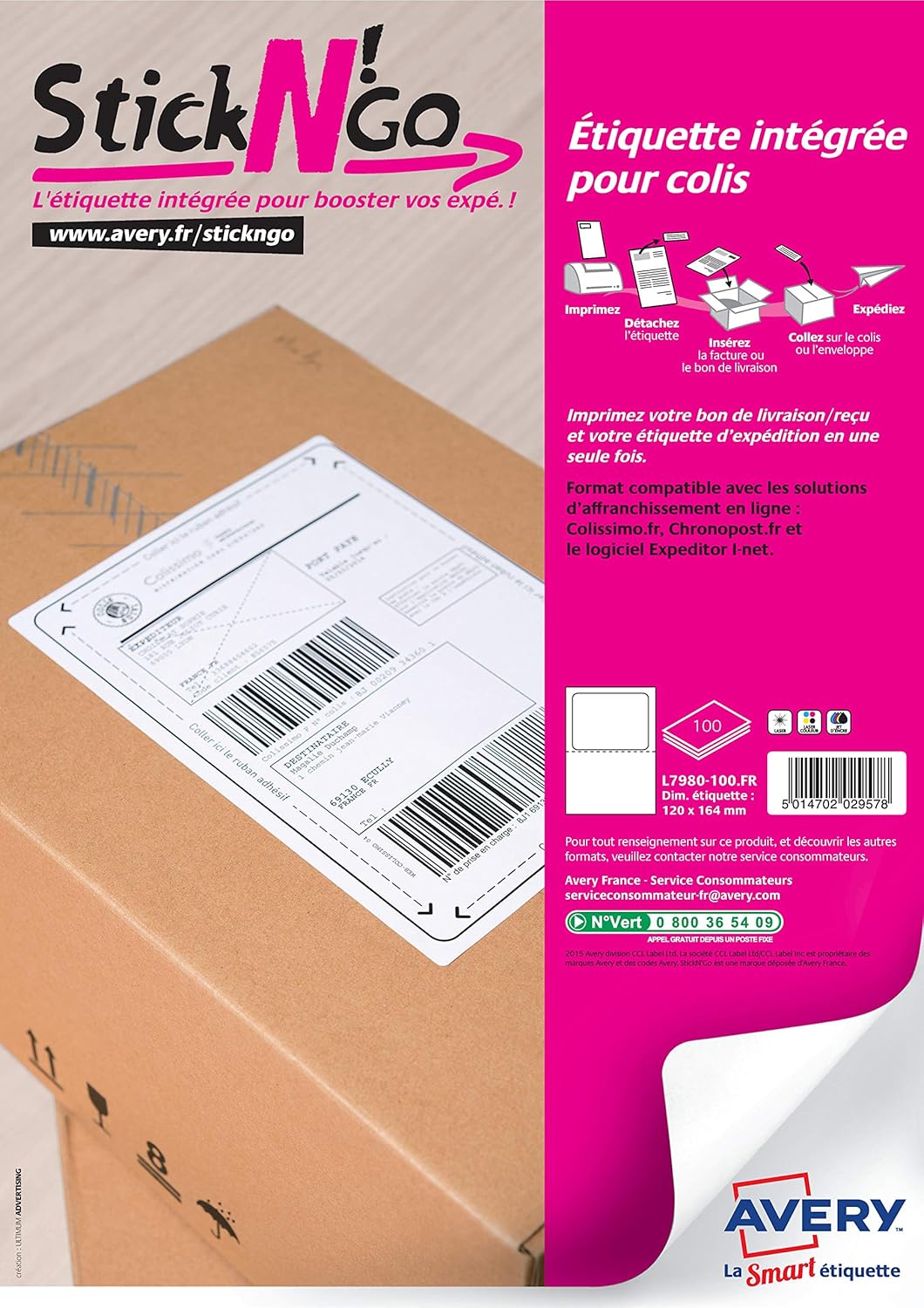 Colissimo STICK'NGO 500 Sheets of Paper with Self-Adhesive Postage Labels, 120x164mm, white, Label dimensions: 120x164mm