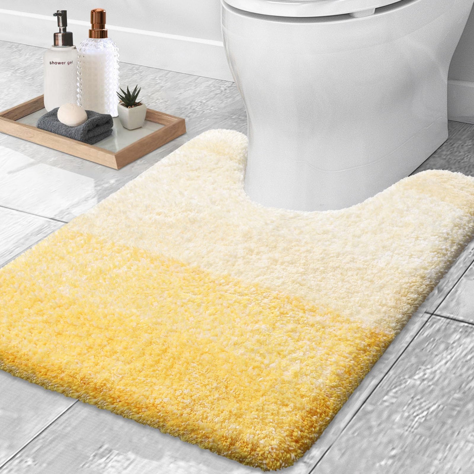 Photo 1 of OLANLY Luxury Toilet Rugs U-Shaped 24x20, Extra Soft and Absorbent Microfiber Bathroom Rugs, Non-Slip Plush Shaggy Bath Mat, Machine Wash Dry, Contour Bathroom Mats for Toilet Base, Yellow