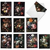 The Best Card Company - 10 Boxed Note Cards with Flowers - Blank Assorted Floral Notecards Bulk (4 x 5.12 Inch) - Baroque Blooms M10020BK