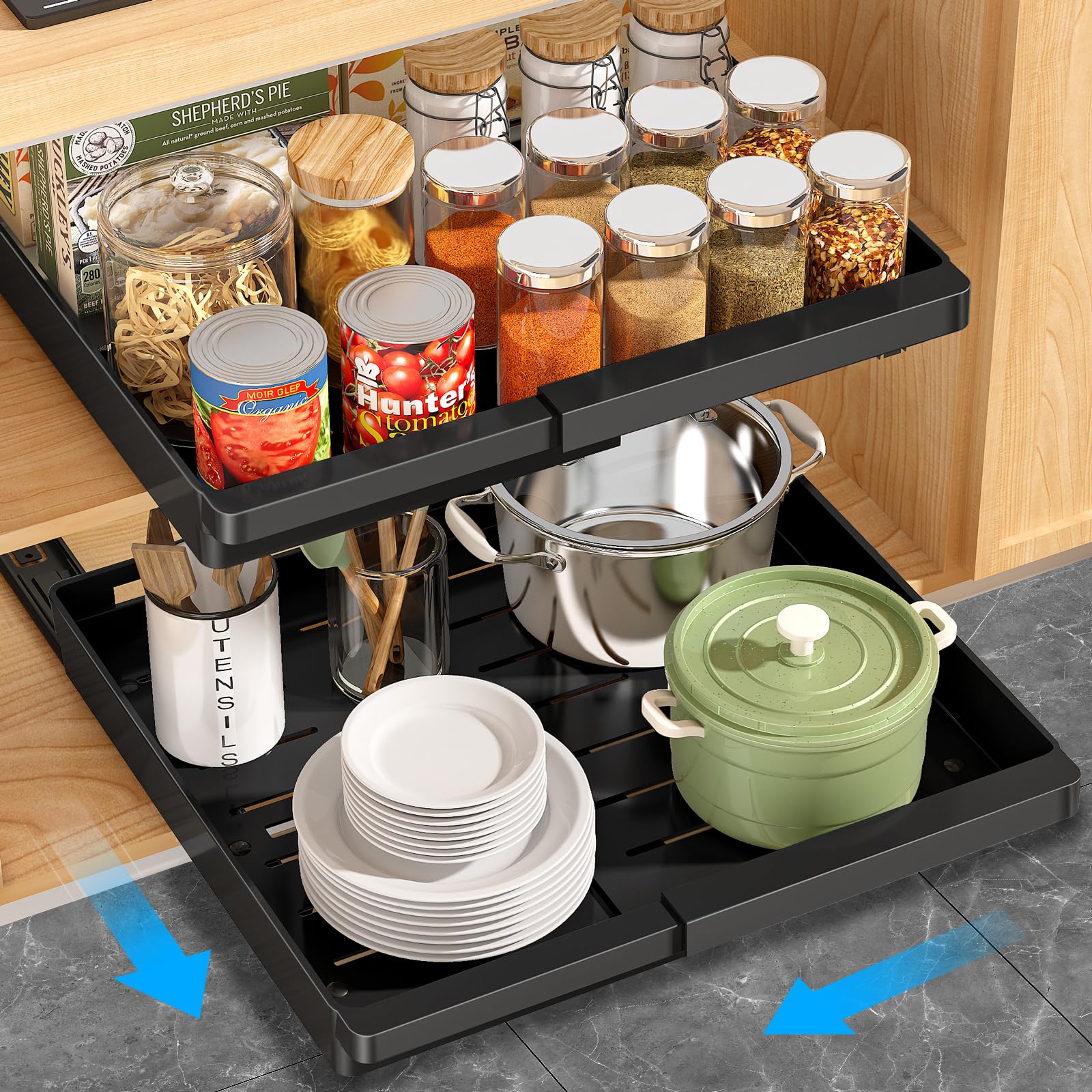 Photo 1 of 2 Pack Pull Out Cabinet Organizers Expandable (13''-19''), Plastic Slide Out Drawers for Kitchen, Bathroom, Pantry, Under Sink Storage, Pull Out Drawers Fixed with Adhesive Nano Film (Black)