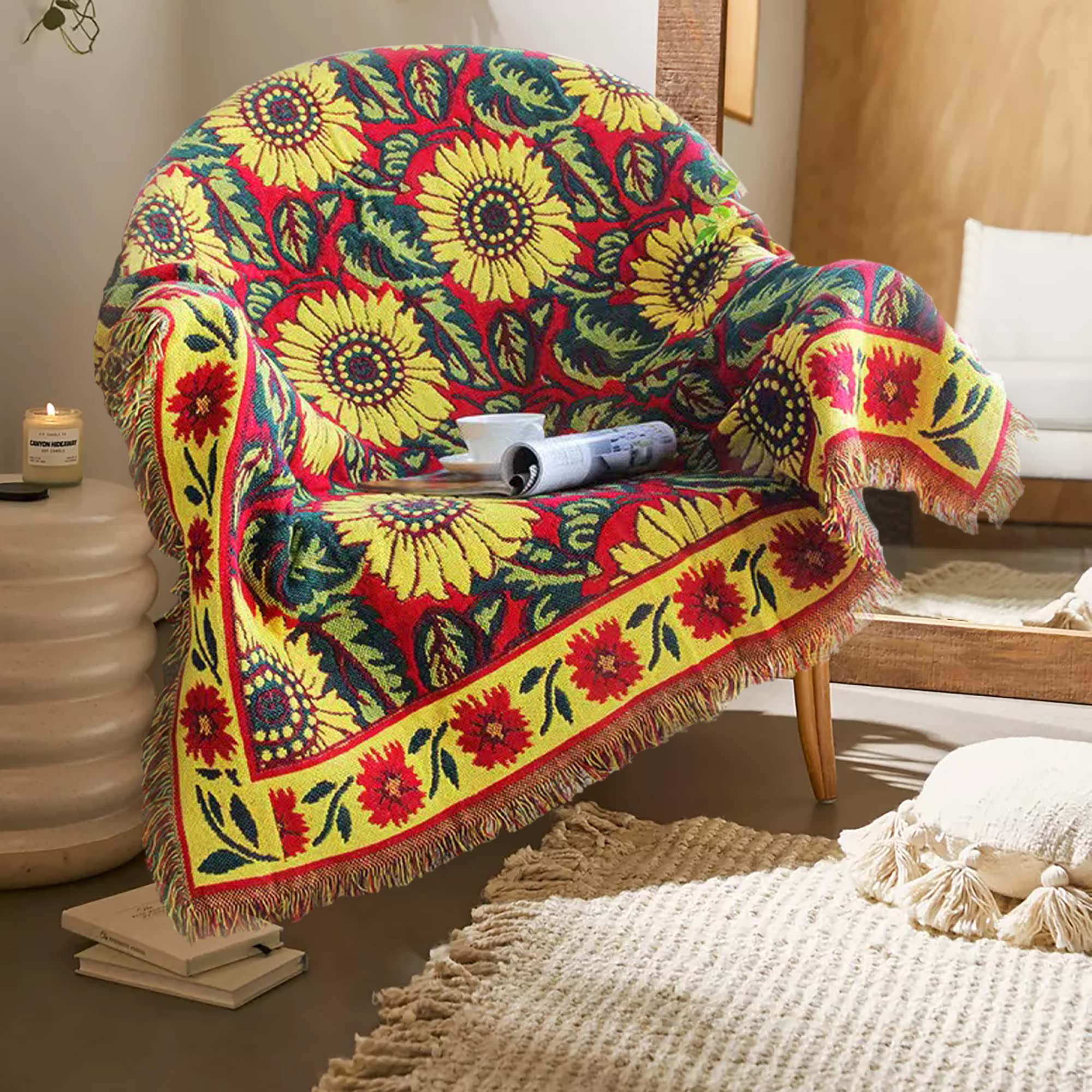 JIABOLANG Red Sunflower Throw Blanket with Fringe