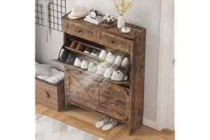 JMHDYG Shoe Cabinet with 2 Flip Drawers and Deodorizing Function, Hidden Shoe Storage Cabinet with 2 Pull-out Drawers, Farmhouse Shoe Organizer for Entryway, Narrow Shoe Rack for Front Door Entrance, Brown