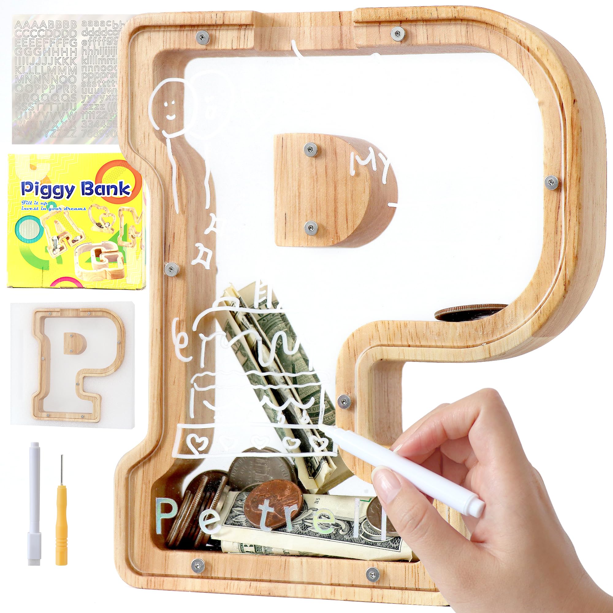 Mikytoper Letter Money Box for Kids Wooden Personalized A-Z Alphabet Piggy Bank Clear Money Bank Coin Bank for Gift Decoration Baptism (P)