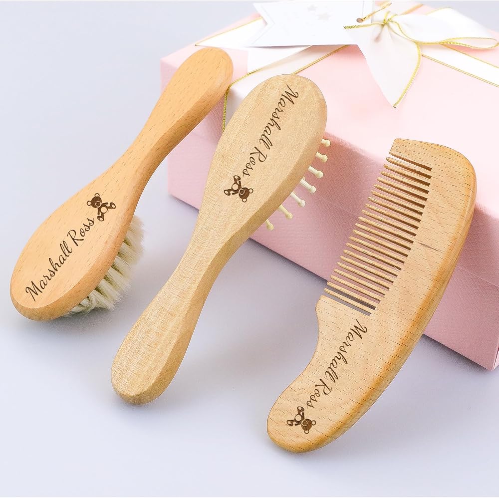 Personalized Wooden Baby Hairbrush & Comb Set Goat Bristles - Cradle Cap Care