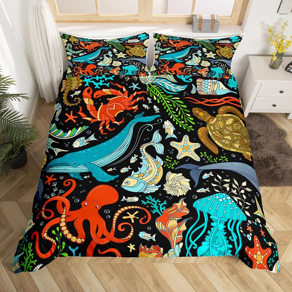 Loussiesd Sea Animals Duvet Cover Set for Kids Boys Girls 3D Print Aquarium Bedding Set Single Decorative Ocean Marine Life Microfiber Polyester Comforter Cover with 1 Pillow Shams, Zipper, 2 Pcs — image 1