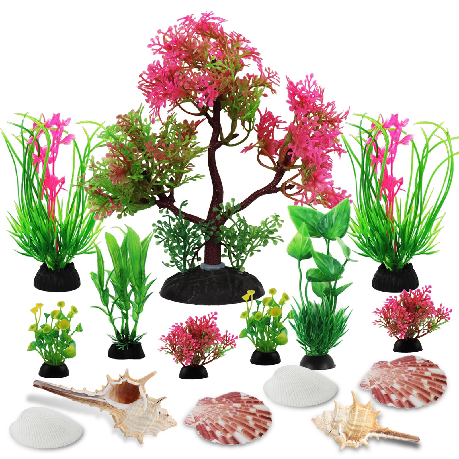 QUOZUO Aquarium Plants with Natural Shells, 15pcs Fish Tank Decoration Colorful Artificial Fish Tank Decor Plants Aquarium Decorations for Household and Office