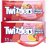 Twizzles Licorice Filled Twists Candy, 2 Pack, Strawberry-Lemon Pink Lemonade Flavored Licorice Candy Sticks, Low Fat, Soft and Chewy Candy for Summer Party Favor Treats and Snacking, 11 oz. Each