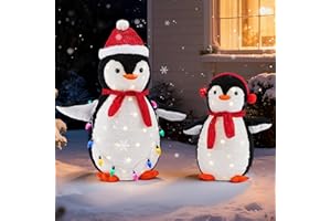 DUMOS 2-Piece Lighted Penguin Family Outdoor Christmas Decoration, Pop up Holiday Decor with 150 LED Lights for Yard, Garden, Storefront, White Red