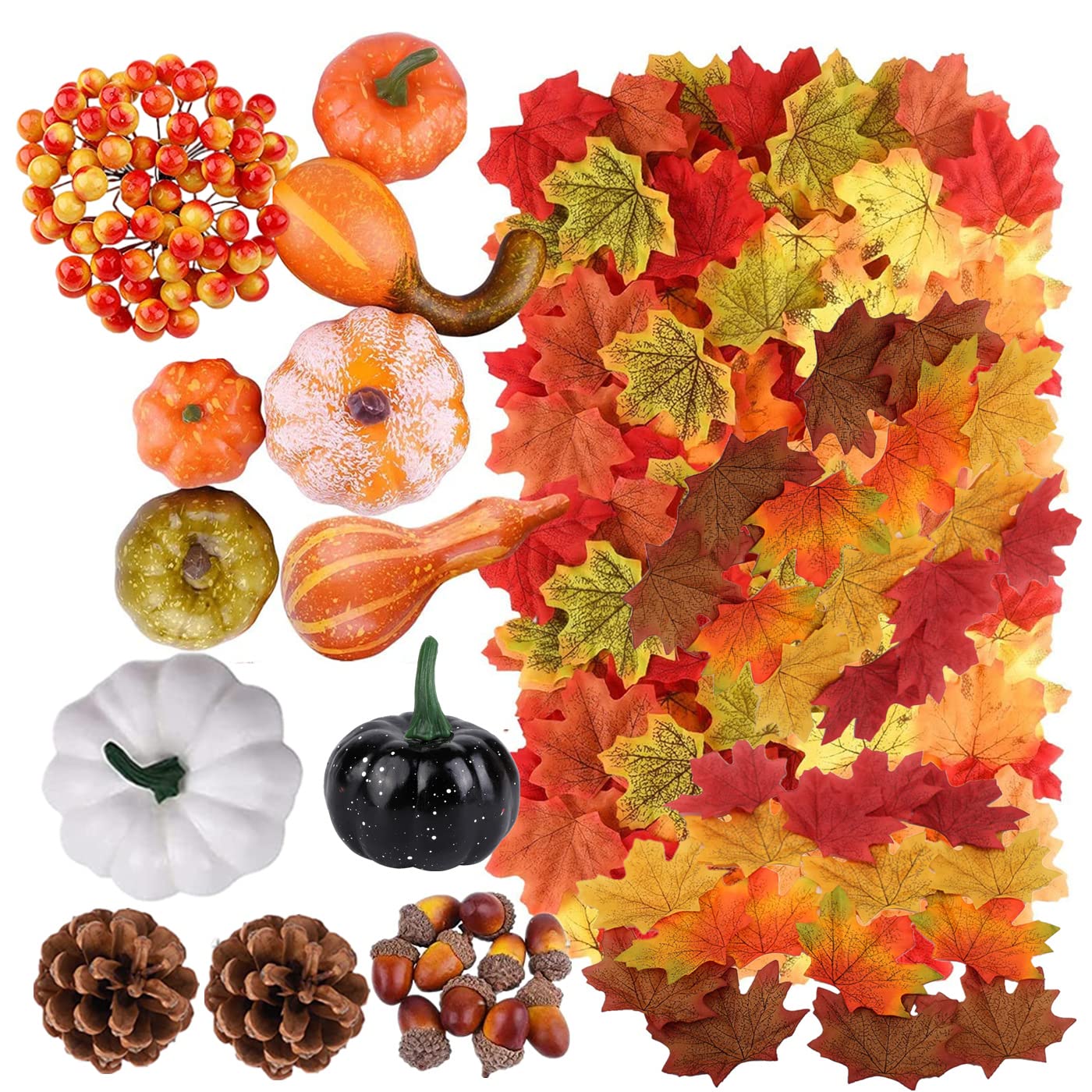 150pcs Artificial Pumpkins Decorations Set Halloween Thanksgiving Decorations Artificial Maple Leaves,Pine Cones,Gourds,Harvest Pumpkin,Small Acorns for Autumn,Fall,Wedding,Home Table Decoration